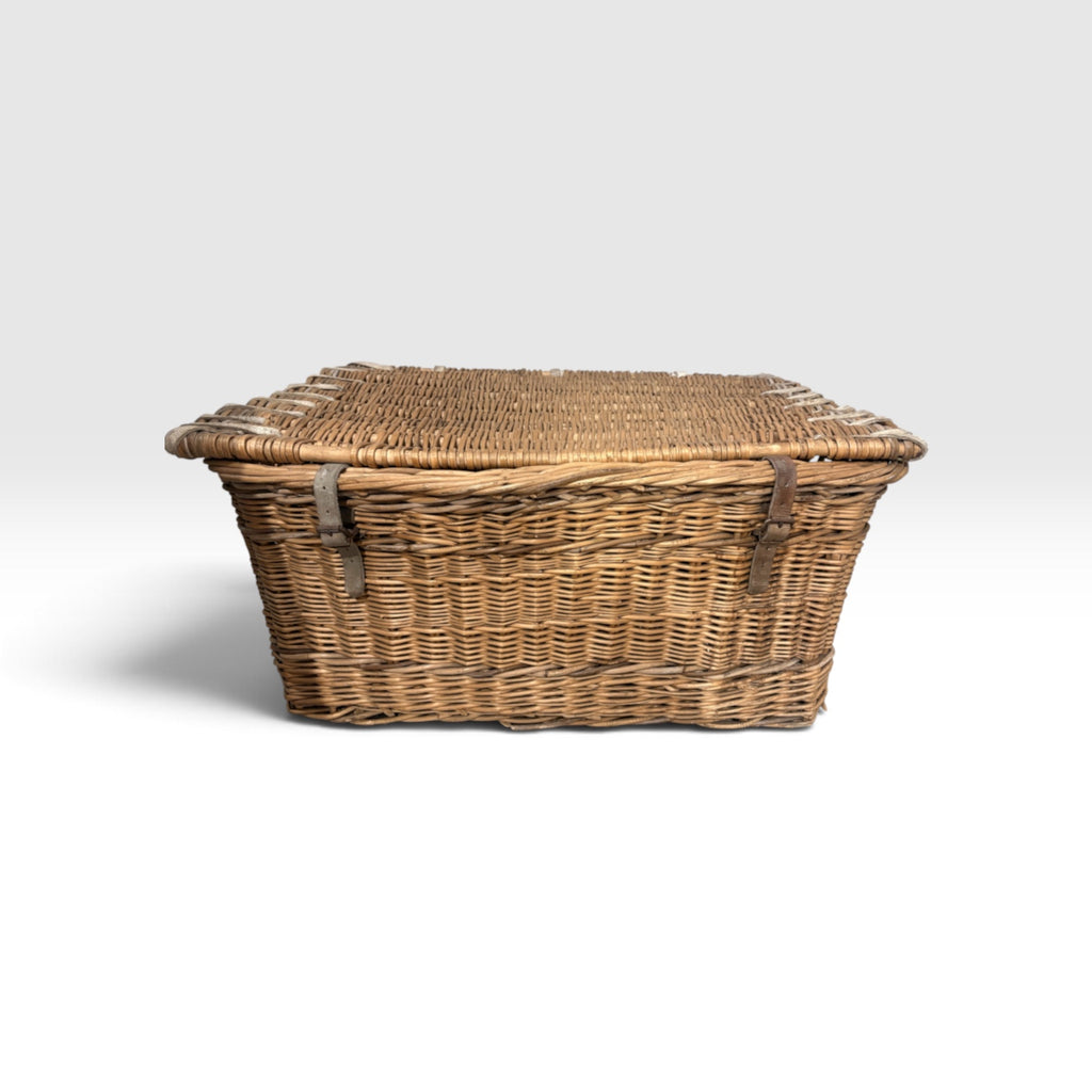 Vintage heavy-duty commercial wicker laundry or linen hamper
