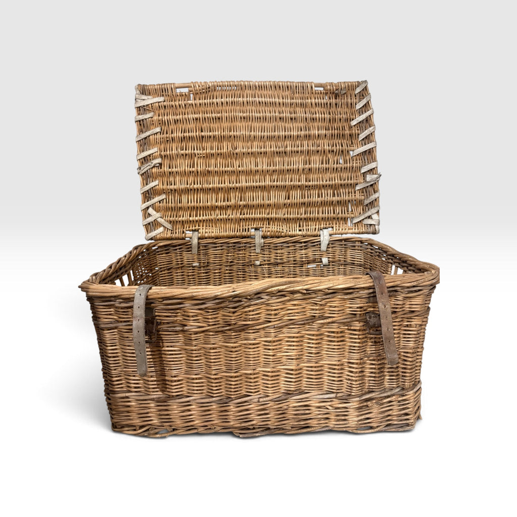 Vintage heavy-duty commercial wicker laundry or linen hamper